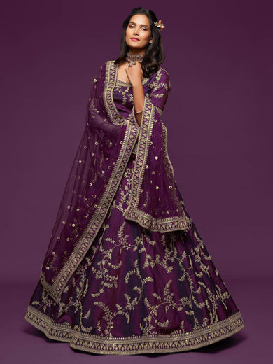 Purple Thread Embroidery Art Silk Wedding Wear Lehenga Choli